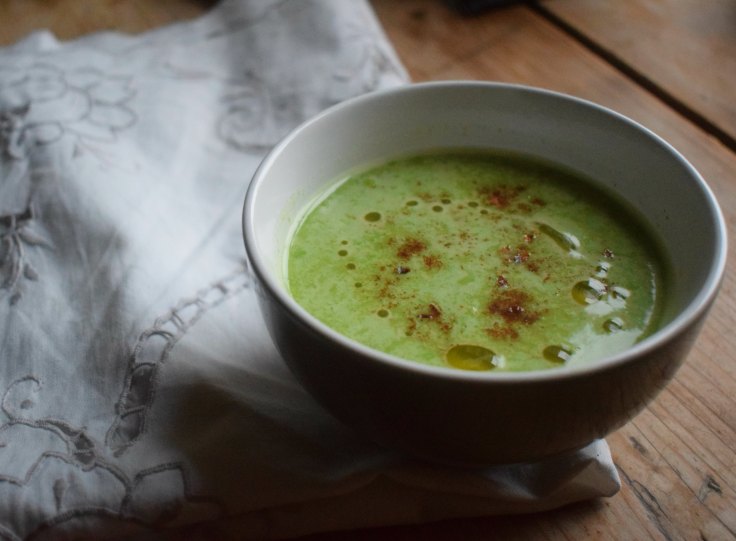 Pea and feta soup with a chilli kick - recipe from Crumbs and Roses blog